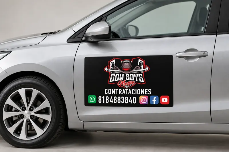 Ejemplo ilustrativo de un imán publicitario Cowboys Music colocado en la puerta de un carro
